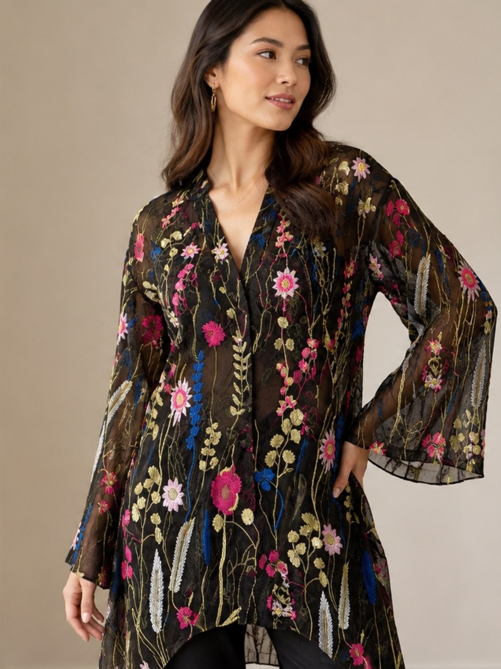 Floral Embroidered Sheer Black Floral Tunic Top Kimono swim cover travel